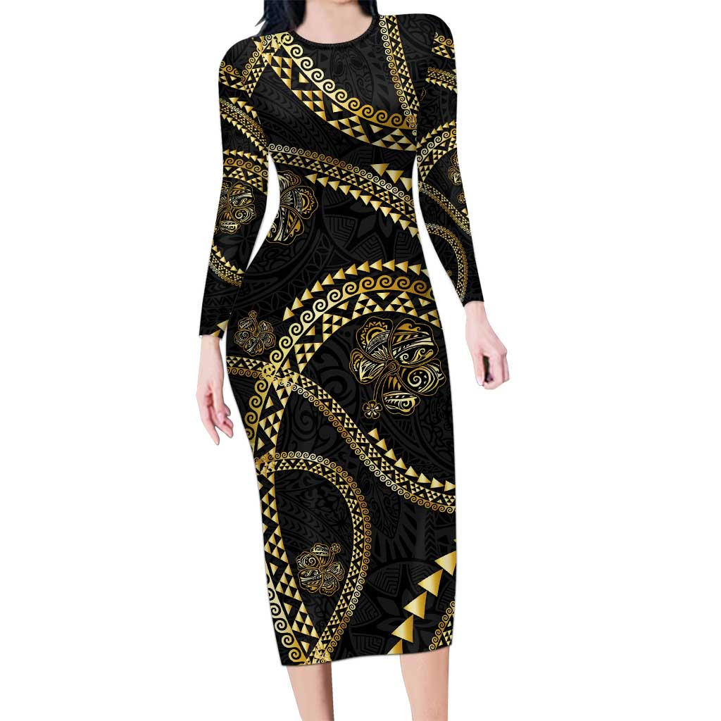 Hawaiian Kakau Art and Hisbiscus Tattoo Family Matching Long Sleeve Bodycon Dress and Hawaiian Shirt Tribal Pattern-Gold Style LT03 Mom's Dress Black - Polynesian Pride