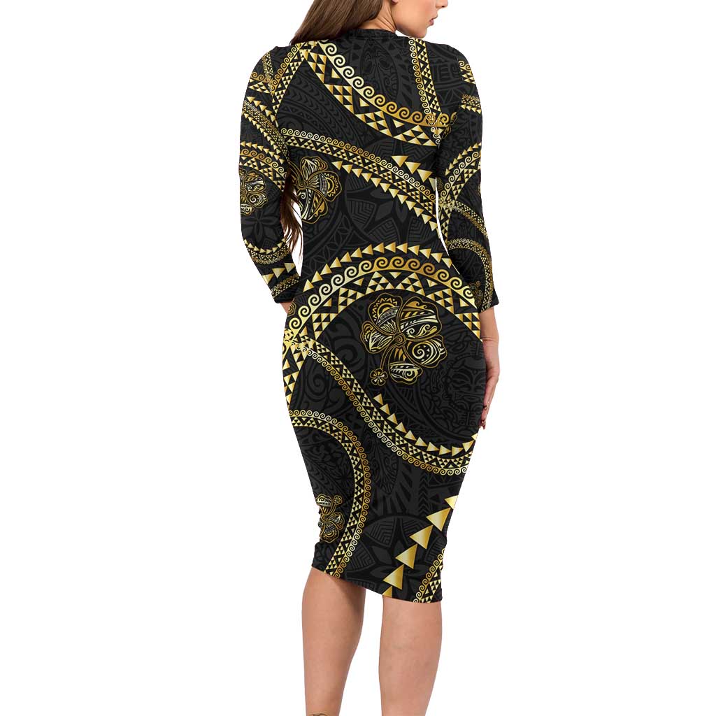 Hawaiian Kakau Art and Hisbiscus Tattoo Family Matching Long Sleeve Bodycon Dress and Hawaiian Shirt Tribal Pattern-Gold Style LT03 - Polynesian Pride