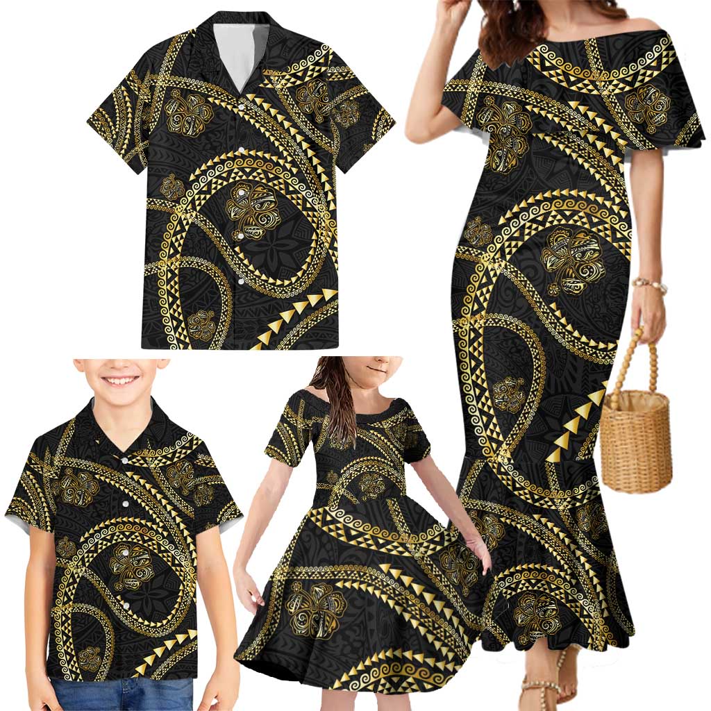 Hawaiian Kakau Art and Hisbiscus Tattoo Family Matching Mermaid Dress and Hawaiian Shirt Tribal Pattern-Gold Style LT03 - Polynesian Pride