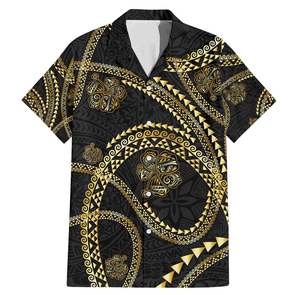 Hawaiian Kakau Art and Hisbiscus Tattoo Family Matching Mermaid Dress and Hawaiian Shirt Tribal Pattern-Gold Style LT03 Dad's Shirt - Short Sleeve Black - Polynesian Pride