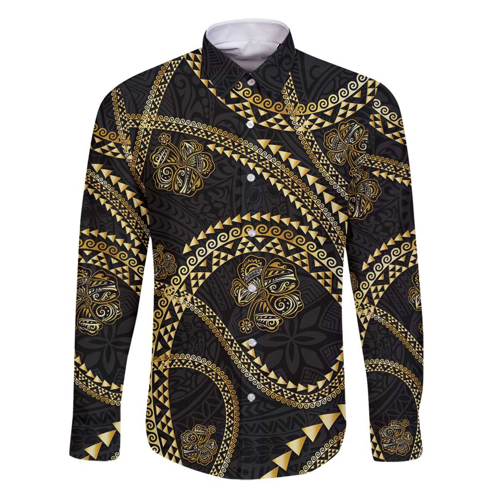 Hawaiian Kakau Art and Hisbiscus Tattoo Family Matching Mermaid Dress and Hawaiian Shirt Tribal Pattern-Gold Style LT03 Dad's Shirt - Long Sleeve Black - Polynesian Pride