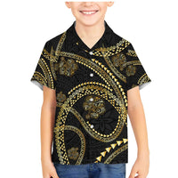 Hawaiian Kakau Art and Hisbiscus Tattoo Family Matching Mermaid Dress and Hawaiian Shirt Tribal Pattern-Gold Style LT03 Son's Shirt Black - Polynesian Pride