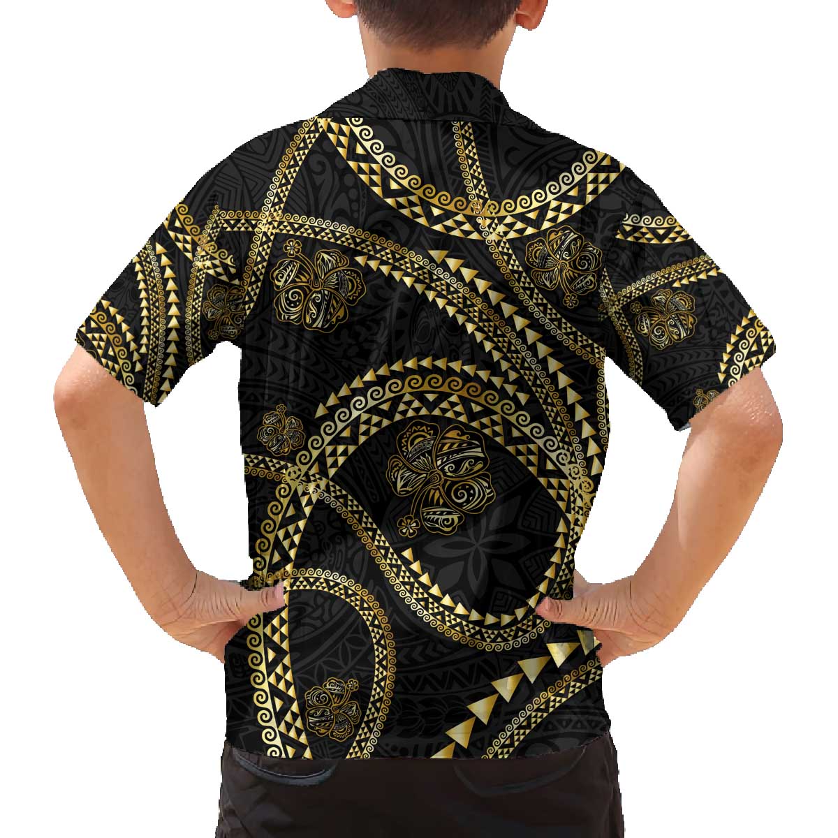 Hawaiian Kakau Art and Hisbiscus Tattoo Family Matching Off The Shoulder Long Sleeve Dress and Hawaiian Shirt Tribal Pattern-Gold Style - Polynesian Pride
