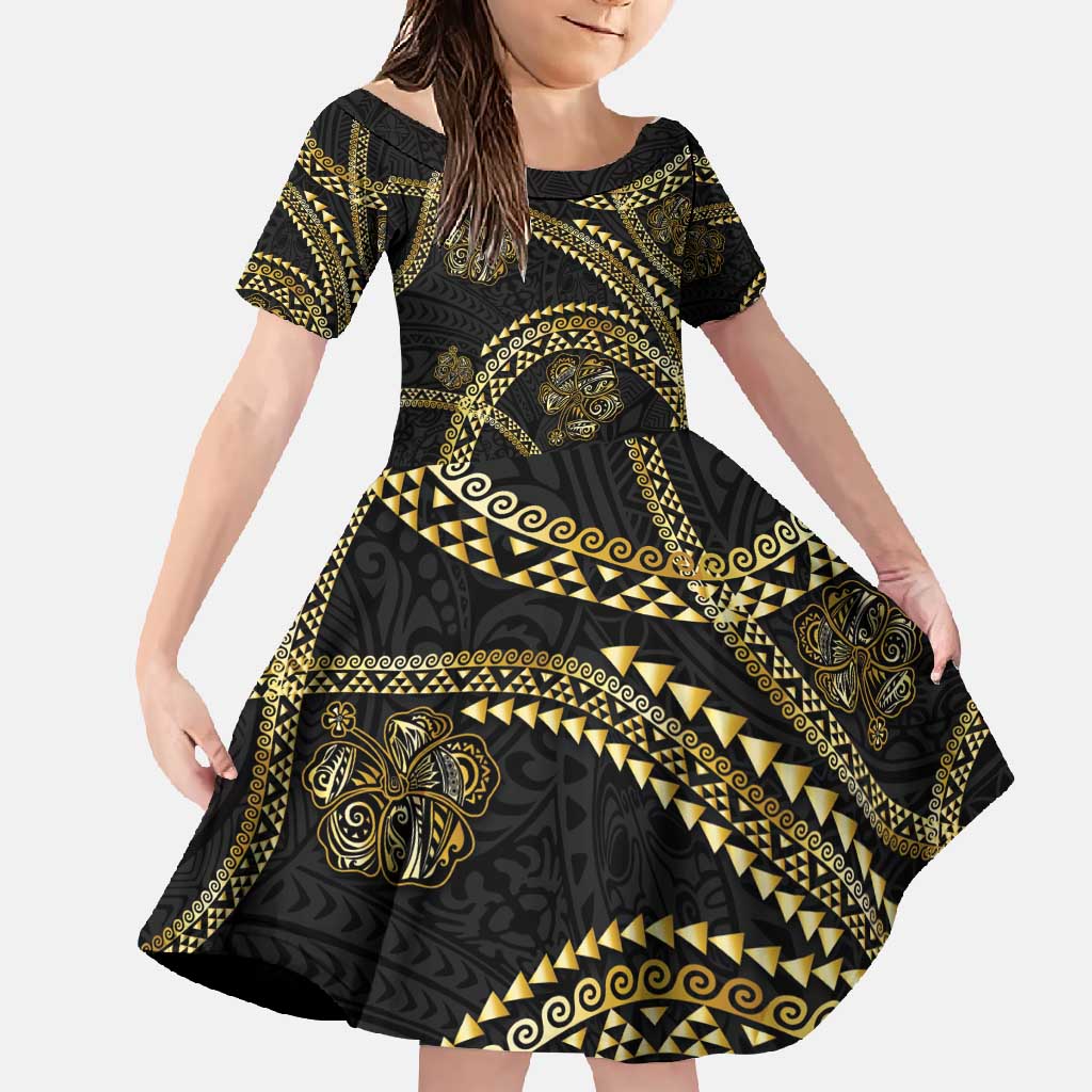Hawaiian Kakau Art and Hisbiscus Tattoo Family Matching Off Shoulder Maxi Dress and Hawaiian Shirt Tribal Pattern-Gold Style LT03 Daughter's Dress Black - Polynesian Pride