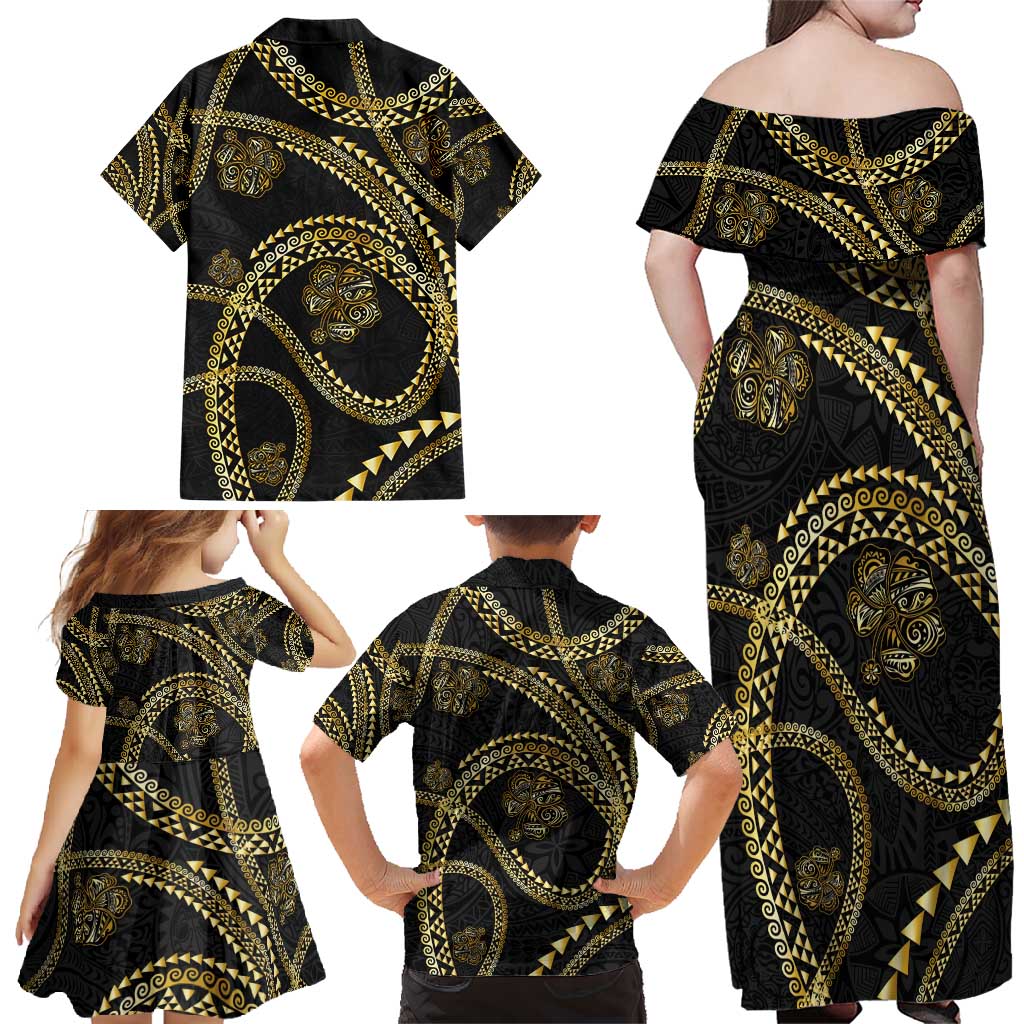 Hawaiian Kakau Art and Hisbiscus Tattoo Family Matching Off Shoulder Maxi Dress and Hawaiian Shirt Tribal Pattern-Gold Style LT03 - Polynesian Pride