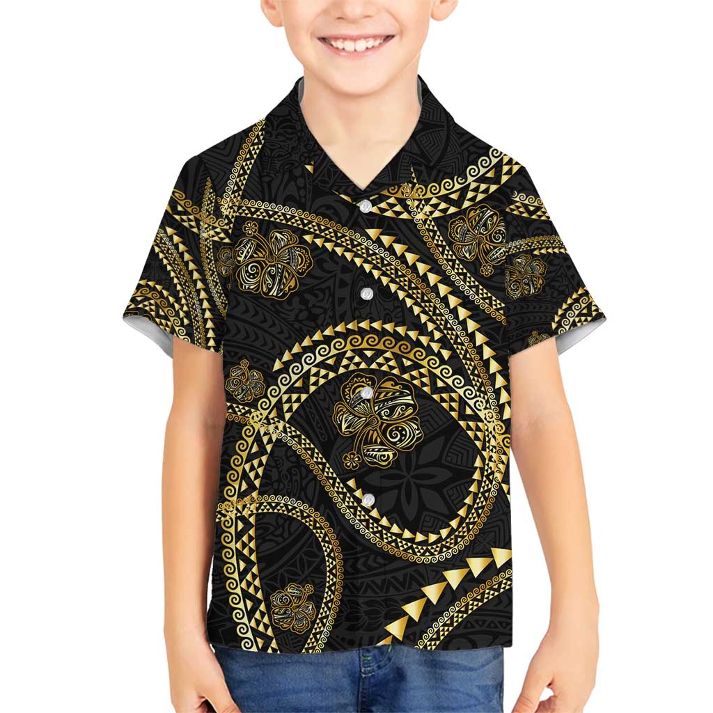 Hawaiian Kakau Art and Hisbiscus Tattoo Family Matching Off Shoulder Maxi Dress and Hawaiian Shirt Tribal Pattern-Gold Style LT03 Son's Shirt Black - Polynesian Pride