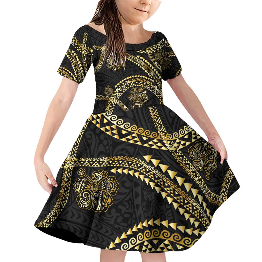 Hawaiian Kakau Art and Hisbiscus Tattoo Family Matching Off Shoulder Short Dress and Hawaiian Shirt Tribal Pattern-Gold Style LT03 Daughter's Dress Black - Polynesian Pride
