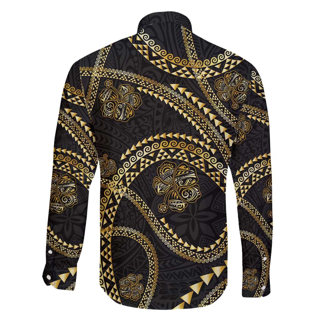Hawaiian Kakau Art and Hisbiscus Tattoo Family Matching Off Shoulder Short Dress and Hawaiian Shirt Tribal Pattern-Gold Style LT03 - Polynesian Pride