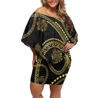 Hawaiian Kakau Art and Hisbiscus Tattoo Family Matching Off Shoulder Short Dress and Hawaiian Shirt Tribal Pattern-Gold Style LT03 Mom's Dress Black - Polynesian Pride