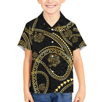 Hawaiian Kakau Art and Hisbiscus Tattoo Family Matching Off Shoulder Short Dress and Hawaiian Shirt Tribal Pattern-Gold Style LT03 Son's Shirt Black - Polynesian Pride