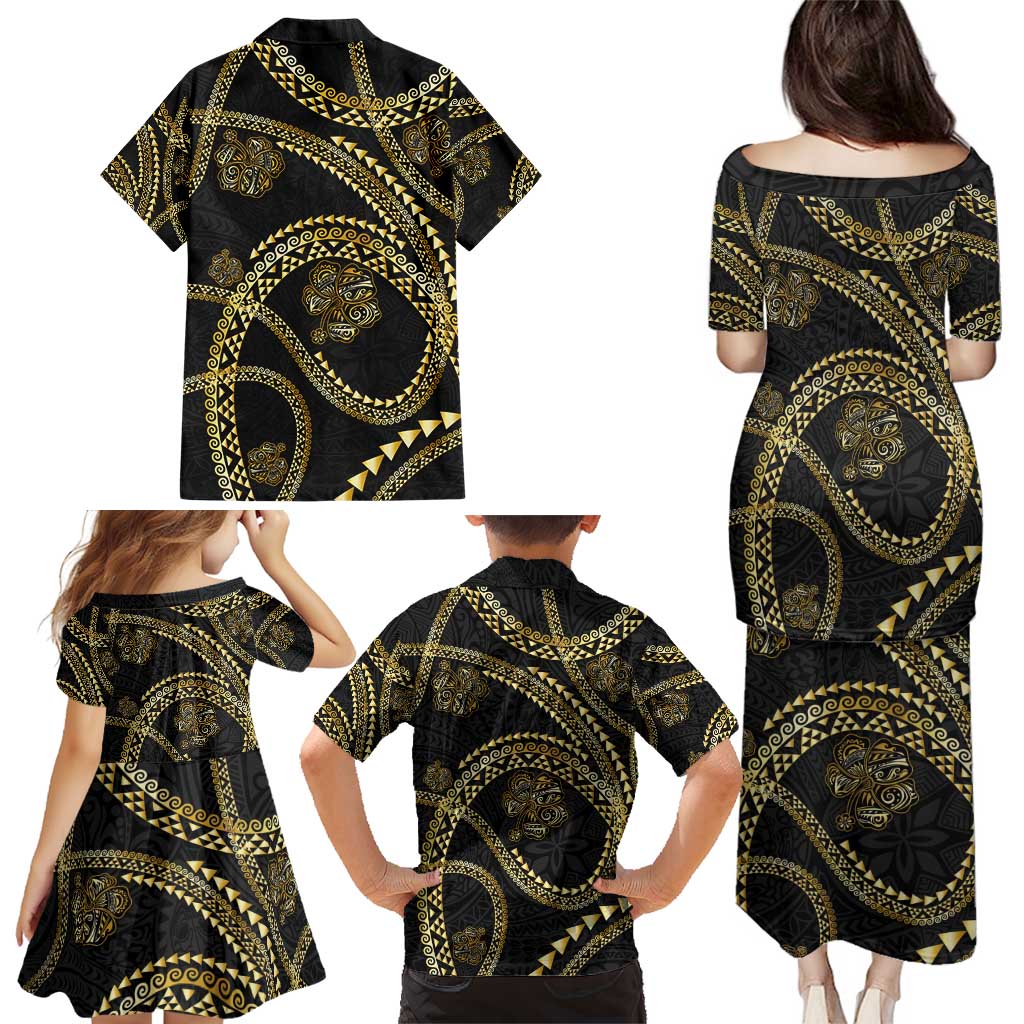 Hawaiian Kakau Art and Hisbiscus Tattoo Family Matching Puletasi and Hawaiian Shirt Tribal Pattern-Gold Style LT03 - Polynesian Pride