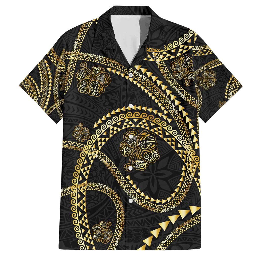 Hawaiian Kakau Art and Hisbiscus Tattoo Family Matching Puletasi and Hawaiian Shirt Tribal Pattern-Gold Style LT03 Dad's Shirt - Short Sleeve Black - Polynesian Pride