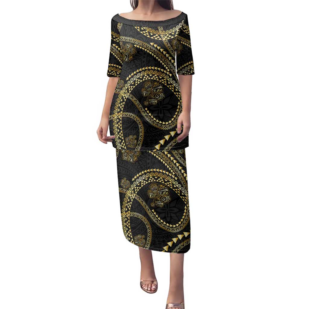 Hawaiian Kakau Art and Hisbiscus Tattoo Family Matching Puletasi and Hawaiian Shirt Tribal Pattern-Gold Style LT03 Mom's Dress Black - Polynesian Pride
