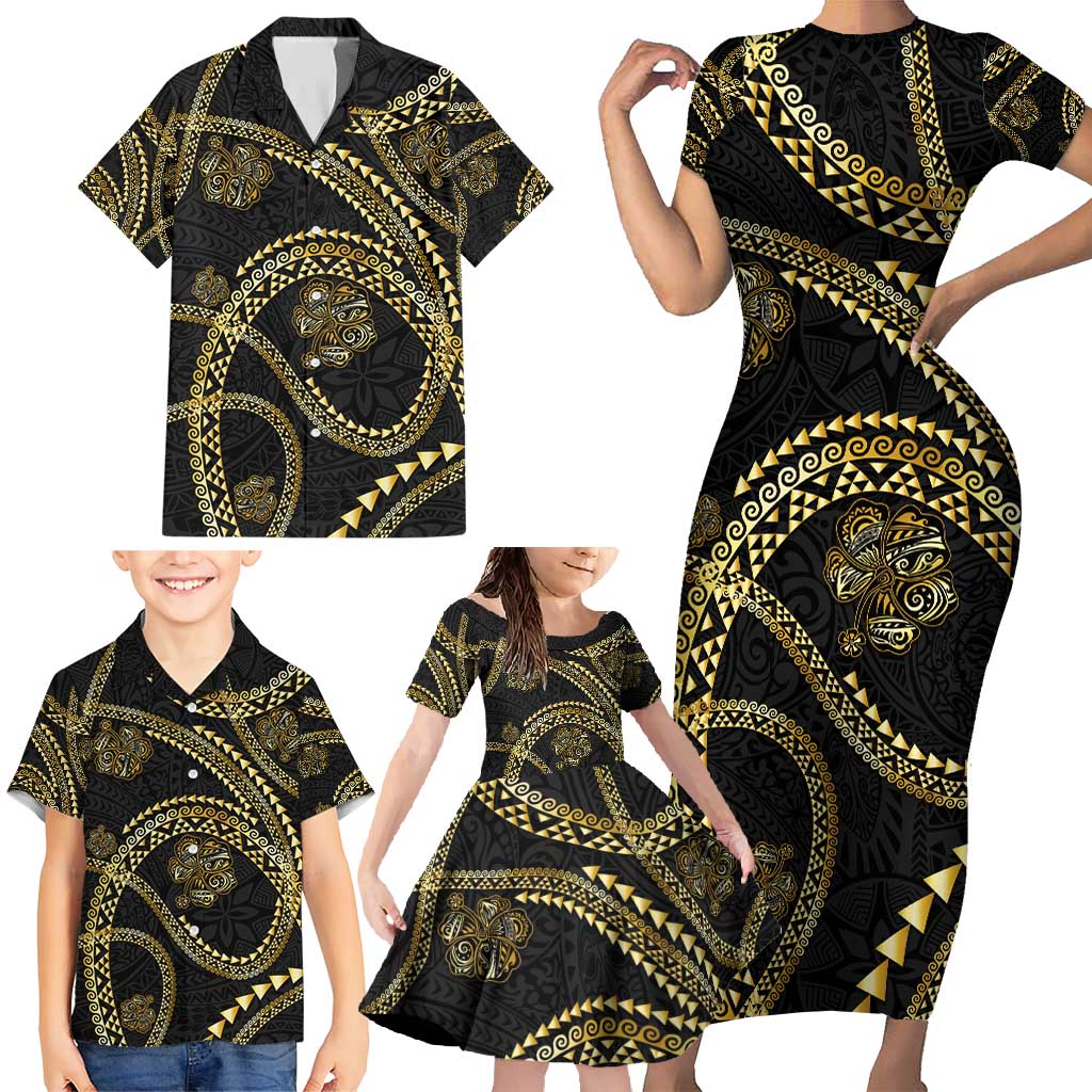 Hawaiian Kakau Art and Hisbiscus Tattoo Family Matching Short Sleeve Bodycon Dress and Hawaiian Shirt Tribal Pattern-Gold Style LT03 - Polynesian Pride