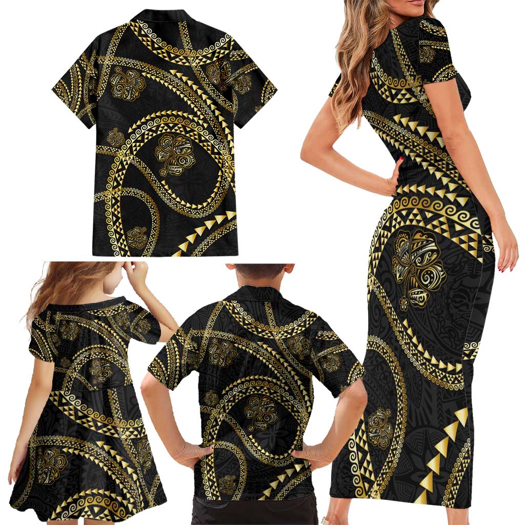 Hawaiian Kakau Art and Hisbiscus Tattoo Family Matching Short Sleeve Bodycon Dress and Hawaiian Shirt Tribal Pattern-Gold Style LT03 - Polynesian Pride