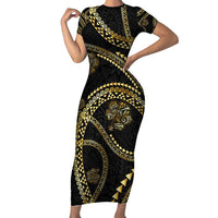 Hawaiian Kakau Art and Hisbiscus Tattoo Family Matching Short Sleeve Bodycon Dress and Hawaiian Shirt Tribal Pattern-Gold Style LT03 Mom's Dress Black - Polynesian Pride