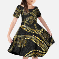 Hawaiian Kakau Art and Hisbiscus Tattoo Family Matching Summer Maxi Dress and Hawaiian Shirt Tribal Pattern-Gold Style LT03 Daughter's Dress Black - Polynesian Pride