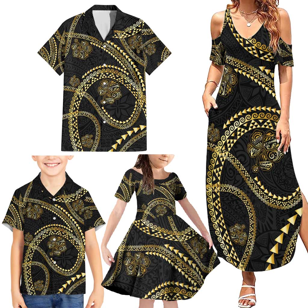 Hawaiian Kakau Art and Hisbiscus Tattoo Family Matching Summer Maxi Dress and Hawaiian Shirt Tribal Pattern-Gold Style - Polynesian Pride
