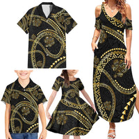 Hawaiian Kakau Art and Hisbiscus Tattoo Family Matching Summer Maxi Dress and Hawaiian Shirt Tribal Pattern-Gold Style LT03 - Polynesian Pride