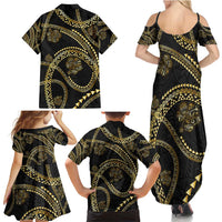 Hawaiian Kakau Art and Hisbiscus Tattoo Family Matching Summer Maxi Dress and Hawaiian Shirt Tribal Pattern-Gold Style LT03 - Polynesian Pride