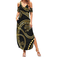 Hawaiian Kakau Art and Hisbiscus Tattoo Family Matching Summer Maxi Dress and Hawaiian Shirt Tribal Pattern-Gold Style LT03 Mom's Dress Black - Polynesian Pride