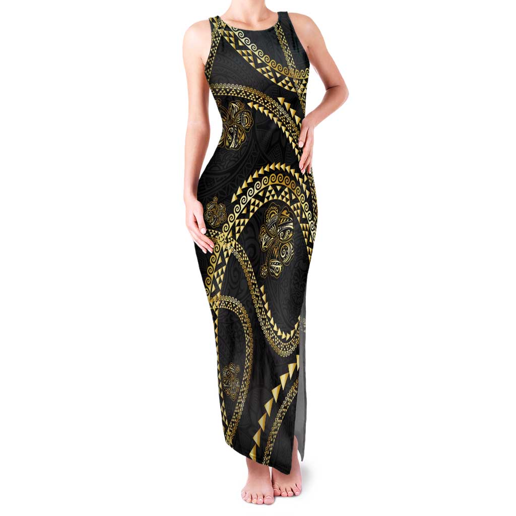 Hawaiian Kakau Art and Hisbiscus Tattoo Family Matching Tank Maxi Dress and Hawaiian Shirt Tribal Pattern-Gold Style - Polynesian Pride