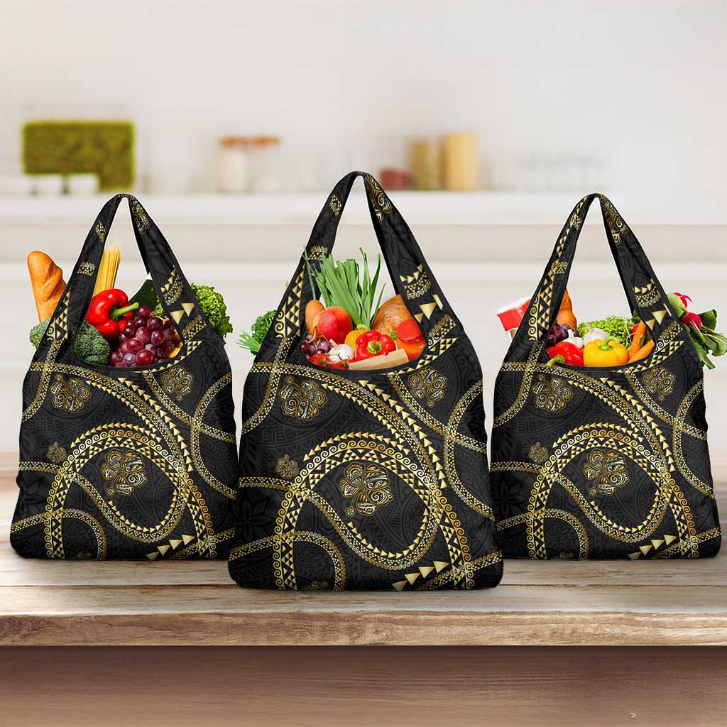 Hawaiian Kakau Art and Hisbiscus Tattoo Grocery Bag Tribal Pattern-Gold Style - Polynesian Pride