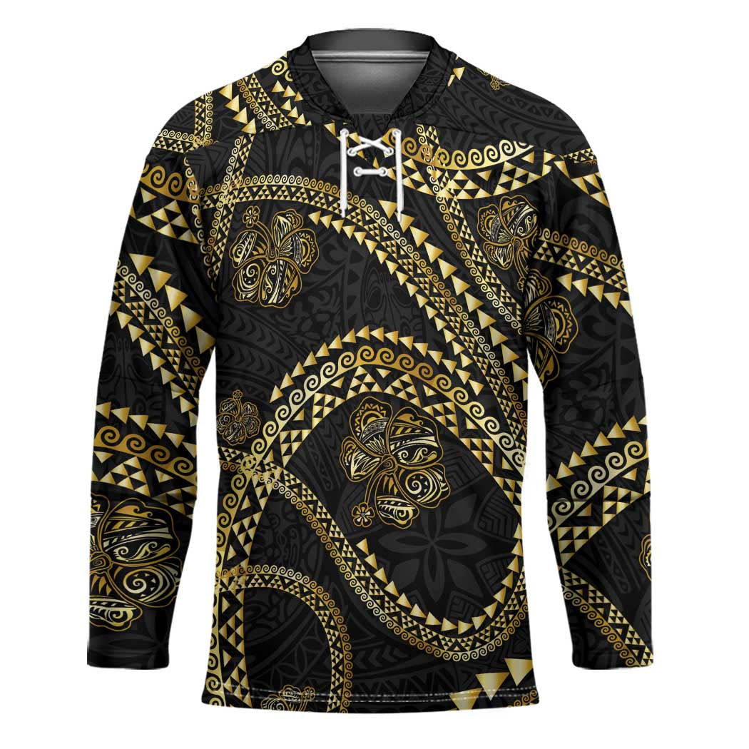 Hawaiian Kakau Art and Hisbiscus Tattoo Hockey Jersey Tribal Pattern-Gold Style - Polynesian Pride