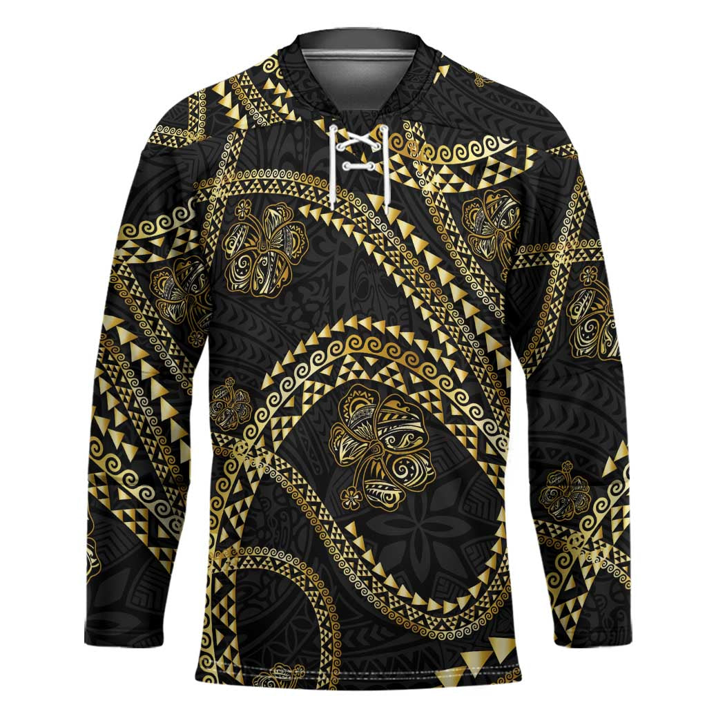 Hawaiian Kakau Art and Hisbiscus Tattoo Hockey Jersey Tribal Pattern-Gold Style - Polynesian Pride