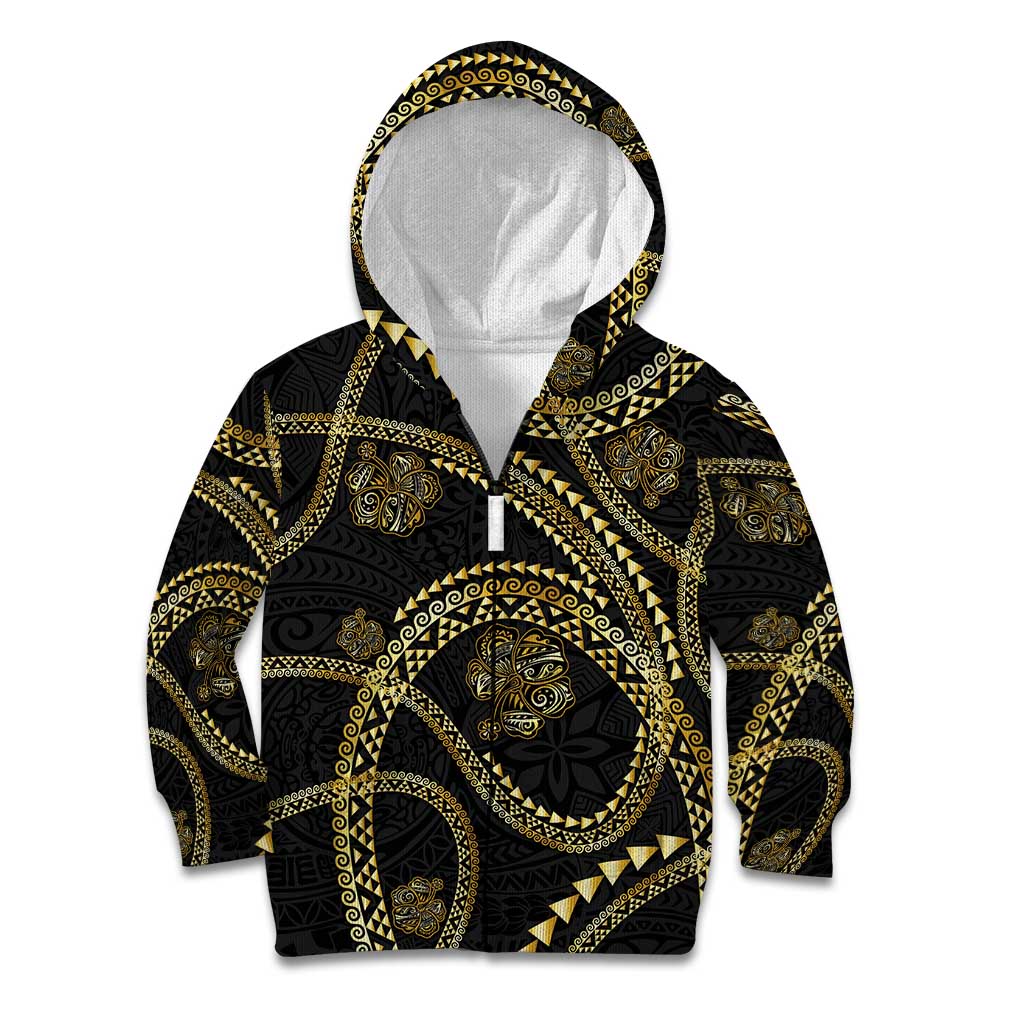 Hawaiian Kakau Art and Hisbiscus Tattoo Kid Hoodie Tribal Pattern-Gold Style - Polynesian Pride