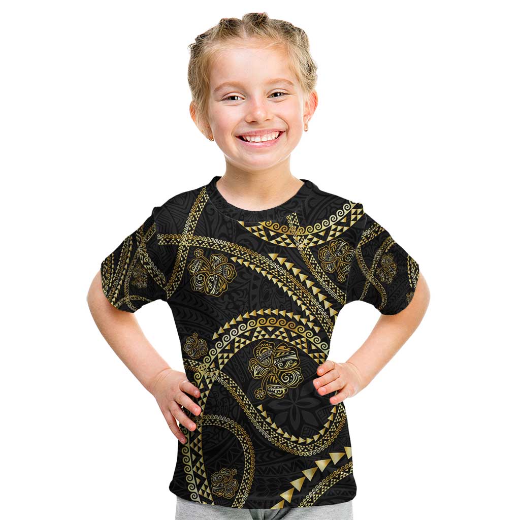 Hawaiian Kakau Art and Hisbiscus Tattoo Kid T Shirt Tribal Pattern-Gold Style LT03 Black - Polynesian Pride