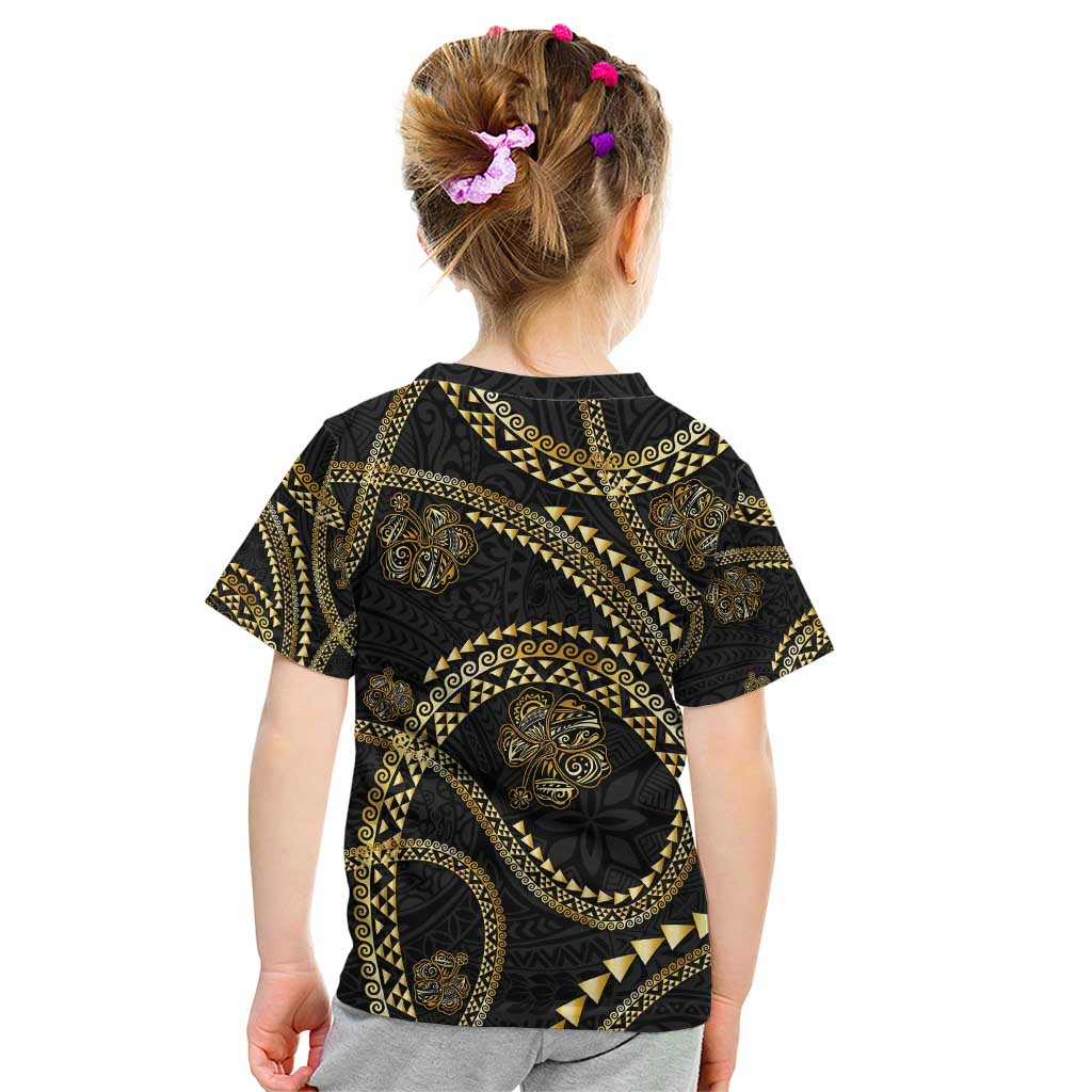 Hawaiian Kakau Art and Hisbiscus Tattoo Kid T Shirt Tribal Pattern-Gold Style LT03 - Polynesian Pride