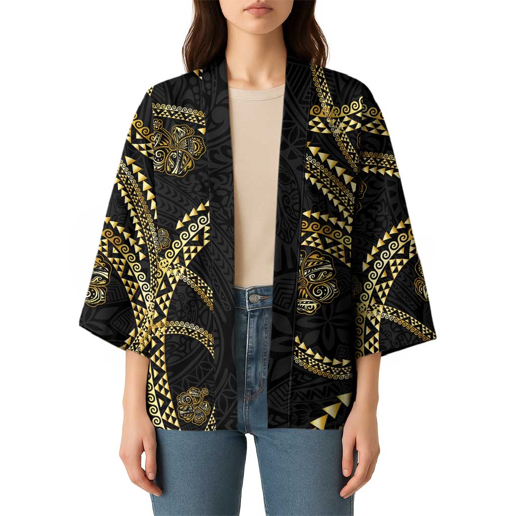 Hawaiian Kakau Art and Hisbiscus Tattoo Kimono Tribal Pattern-Gold Style - Polynesian Pride
