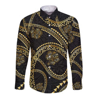 Hawaiian Kakau Art and Hisbiscus Tattoo Long Sleeve Button Shirt Tribal Pattern-Gold Style LT03 Unisex Black - Polynesian Pride