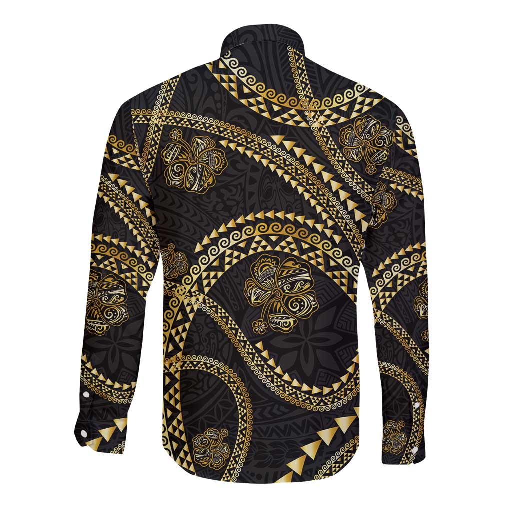 Hawaiian Kakau Art and Hisbiscus Tattoo Long Sleeve Button Shirt Tribal Pattern-Gold Style LT03 - Polynesian Pride
