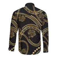 Hawaiian Kakau Art and Hisbiscus Tattoo Long Sleeve Button Shirt Tribal Pattern-Gold Style LT03 - Polynesian Pride
