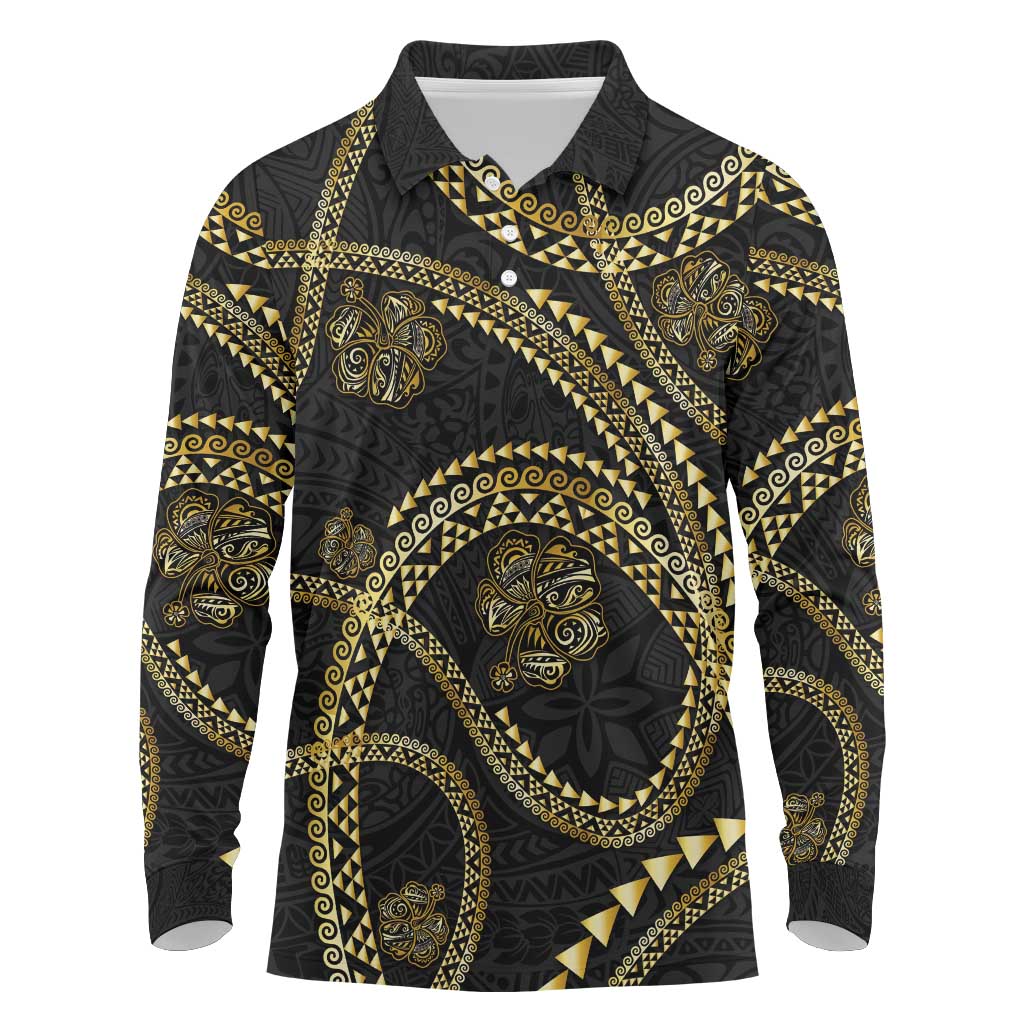 Hawaiian Kakau Art and Hisbiscus Tattoo Long Sleeve Polo Shirt Tribal Pattern-Gold Style - Polynesian Pride