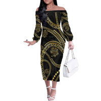 Hawaiian Kakau Art and Hisbiscus Tattoo Off The Shoulder Long Sleeve Dress Tribal Pattern-Gold Style - Polynesian Pride