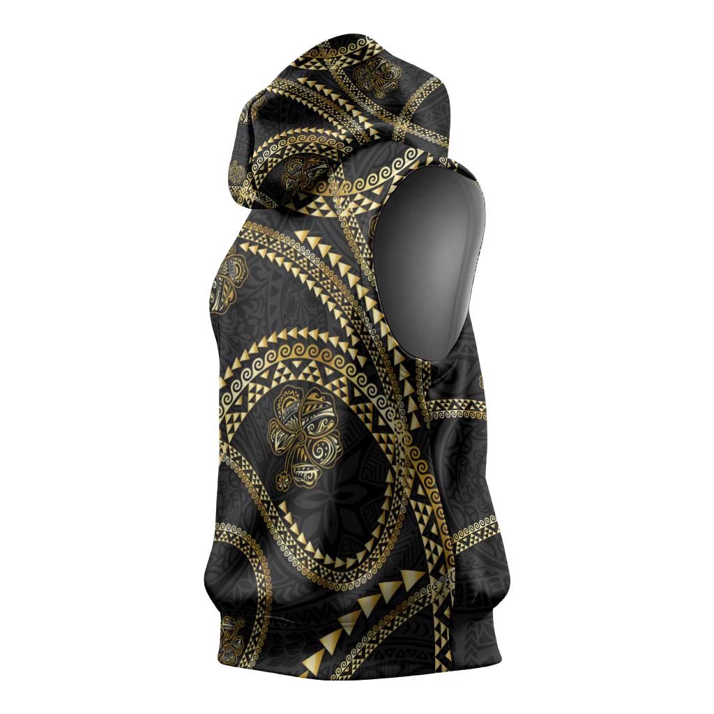 Hawaiian Kakau Art and Hisbiscus Tattoo Sleeveless Hoodie Tribal Pattern-Gold Style LT03 - Polynesian Pride
