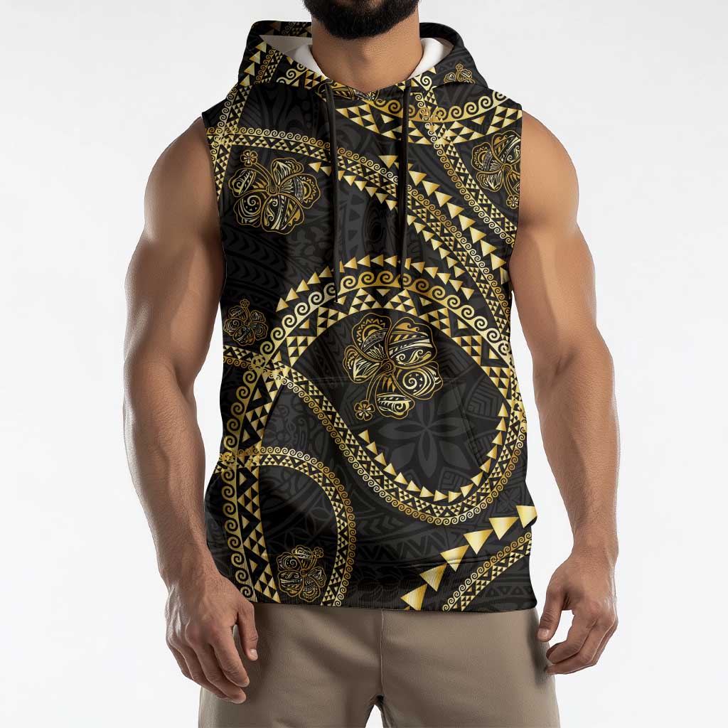 Hawaiian Kakau Art and Hisbiscus Tattoo Sleeveless Hoodie Tribal Pattern-Gold Style LT03 - Polynesian Pride