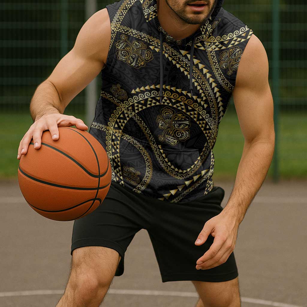 Hawaiian Kakau Art and Hisbiscus Tattoo Sleeveless Hoodie Tribal Pattern-Gold Style LT03 - Polynesian Pride
