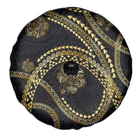 Hawaiian Kakau Art and Hisbiscus Tattoo Spare Tire Cover Tribal Pattern-Gold Style - Polynesian Pride