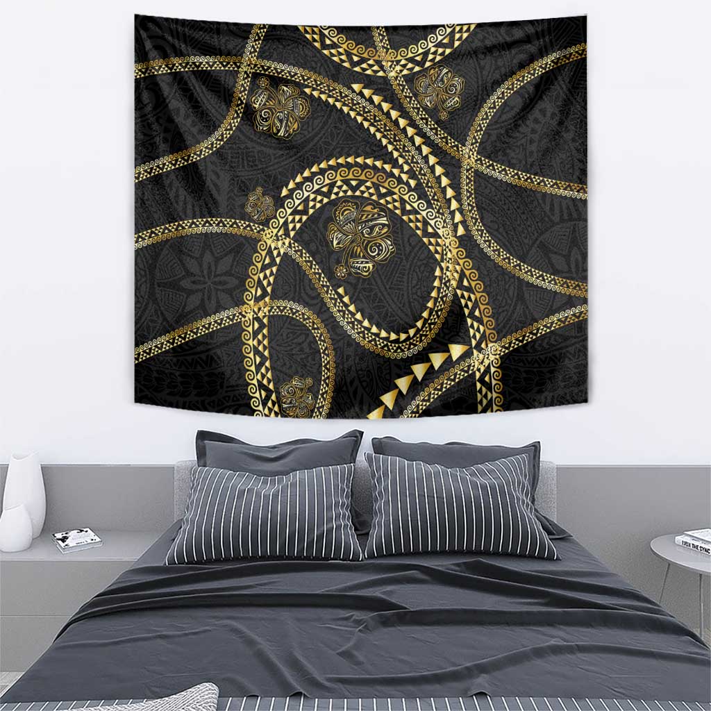 Hawaiian Kakau Art and Hisbiscus Tattoo Tapestry Tribal Pattern-Gold Style - Polynesian Pride