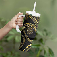 Hawaiian Kakau Art and Hisbiscus Tattoo Tumbler With Handle Tribal Pattern-Gold Style - Polynesian Pride