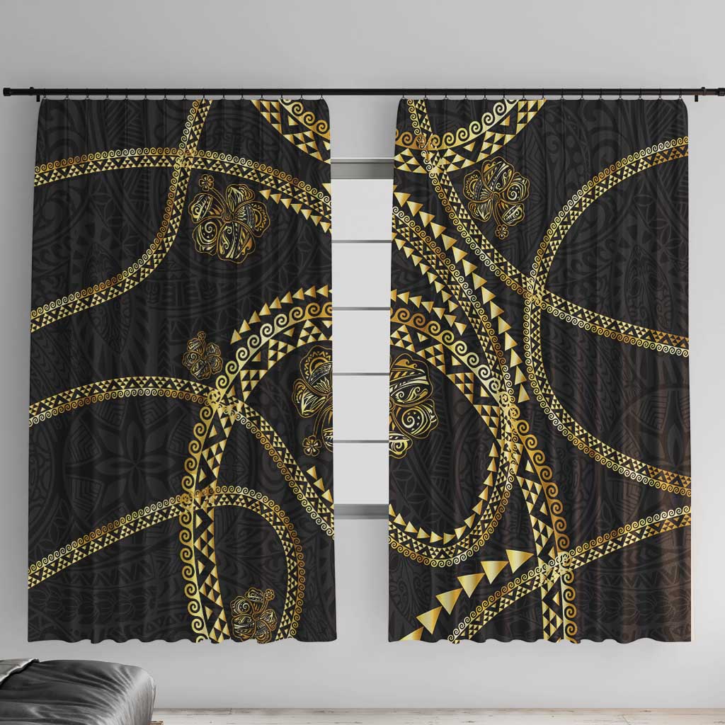 Hawaiian Kakau Art and Hisbiscus Tattoo Window Curtain Tribal Pattern-Gold Style - Polynesian Pride
