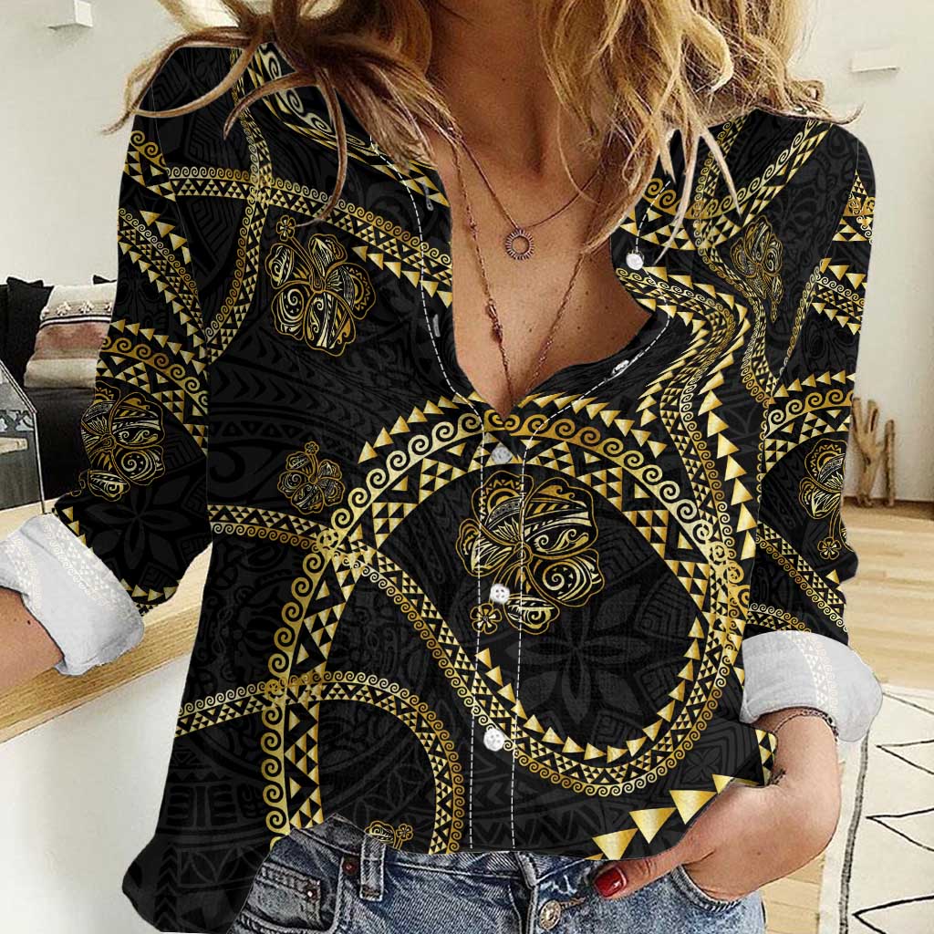 Hawaiian Kakau Art and Hisbiscus Tattoo Women Casual Shirt Tribal Pattern-Gold Style - Polynesian Pride