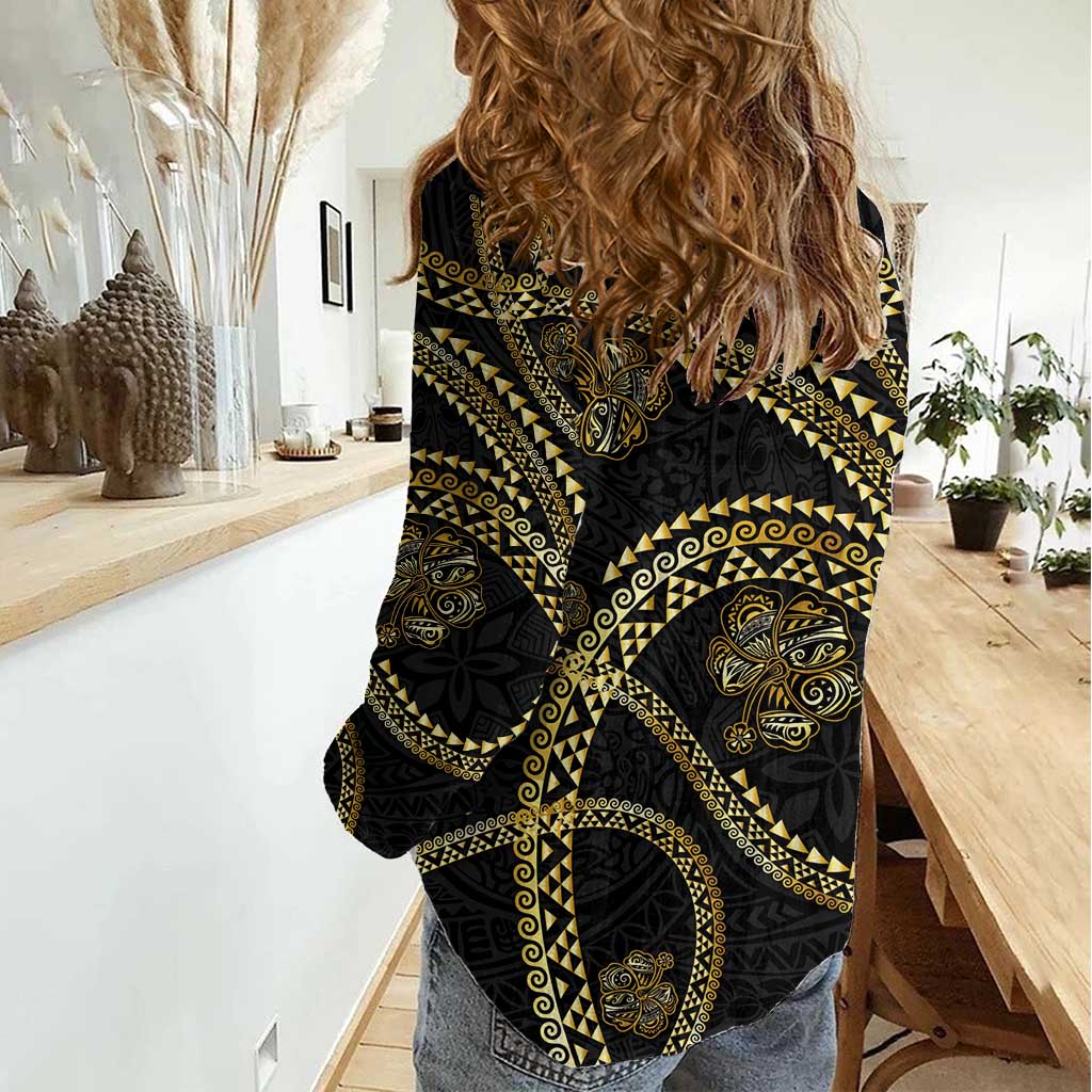 Hawaiian Kakau Art and Hisbiscus Tattoo Women Casual Shirt Tribal Pattern-Gold Style - Polynesian Pride