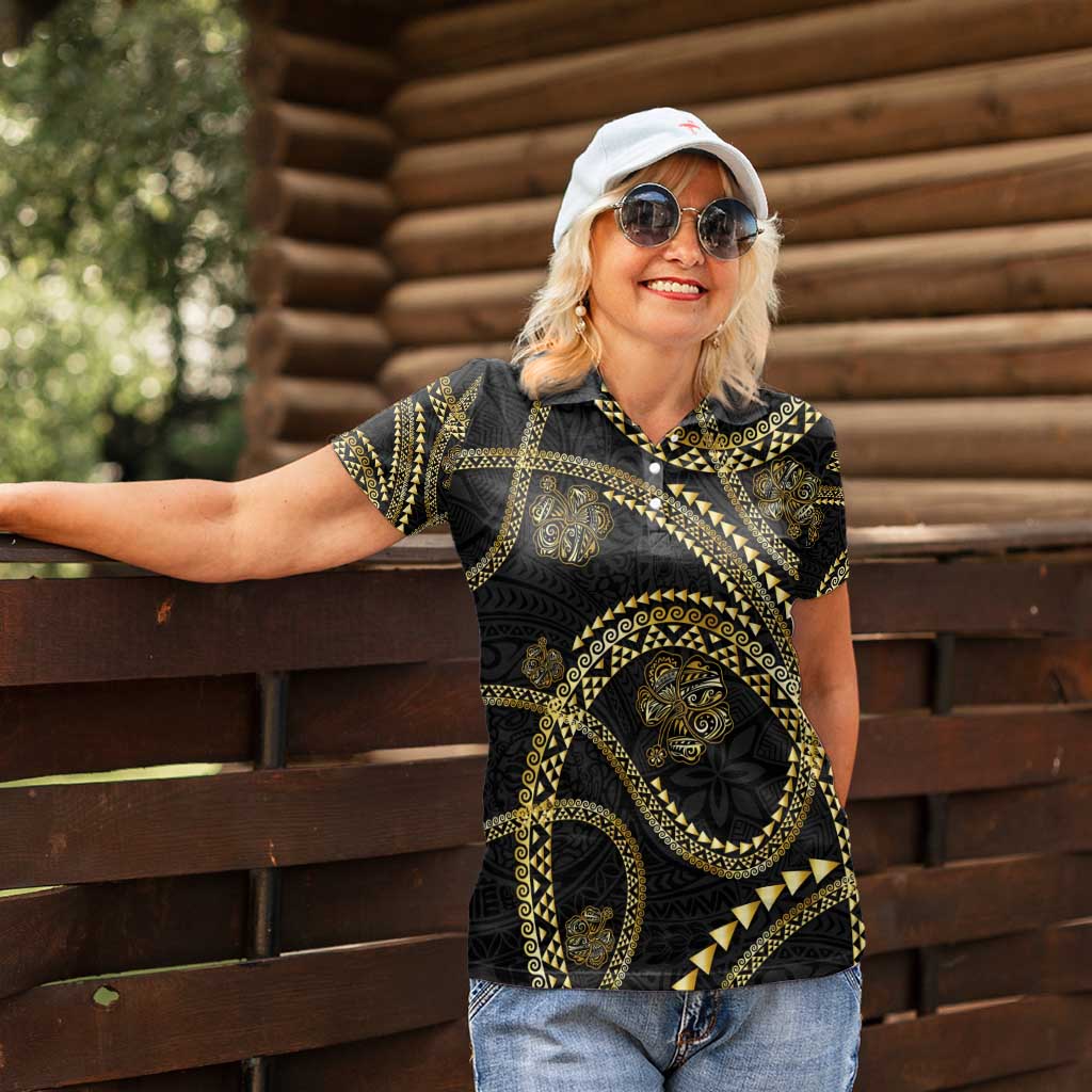 Hawaiian Kakau Art and Hisbiscus Tattoo Women Polo Shirt Tribal Pattern-Gold Style - Polynesian Pride