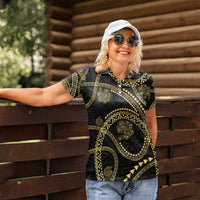 Hawaiian Kakau Art and Hisbiscus Tattoo Women Polo Shirt Tribal Pattern-Gold Style - Polynesian Pride