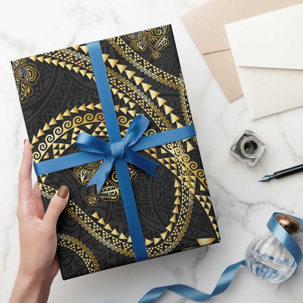 Hawaiian Kakau Art and Hisbiscus Tattoo Wrapping Paper Tribal Pattern-Gold Style - Polynesian Pride